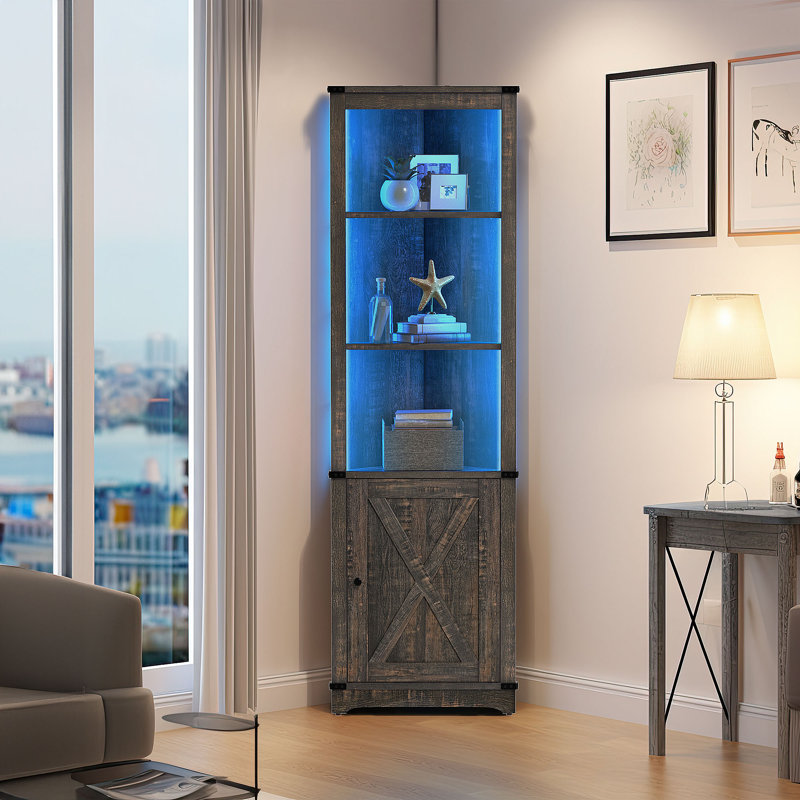 Aspenn 67" H Corner Bookcase with LED Light, Corner Storage Cabinet with Adjustable Shelf, Retro Wood