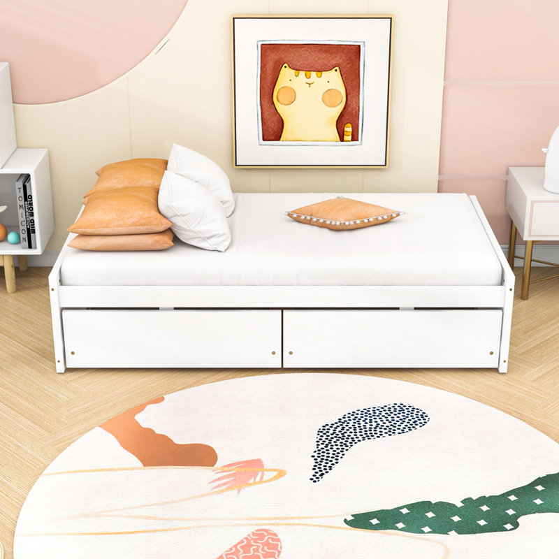 Twin Size 2 Drawers Wooden Platform Bed, White