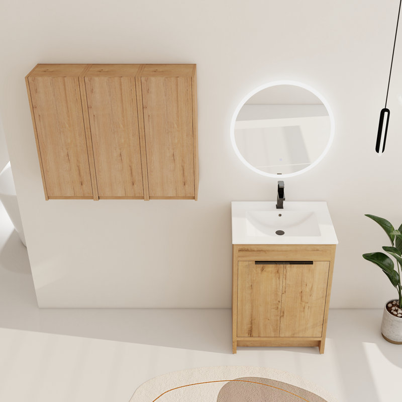 Diandrea 24'' Bathroom Single Vanity with 2 Doors and Ceramic Basin Sink & Float Mounting Side Cabinet, 24"