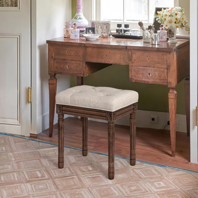 Upholstered Fabric Vanity Bench Seat, Makeup Stools For Vanity, Square Tufted Ottoman Bench With Carved Dark Brown Legs For Bedroom Living Room, Linen Colour