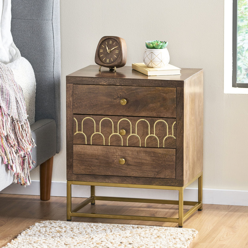 Élégante table de chevet en bois de manguier avec option de rangement moderne et détails en fer
