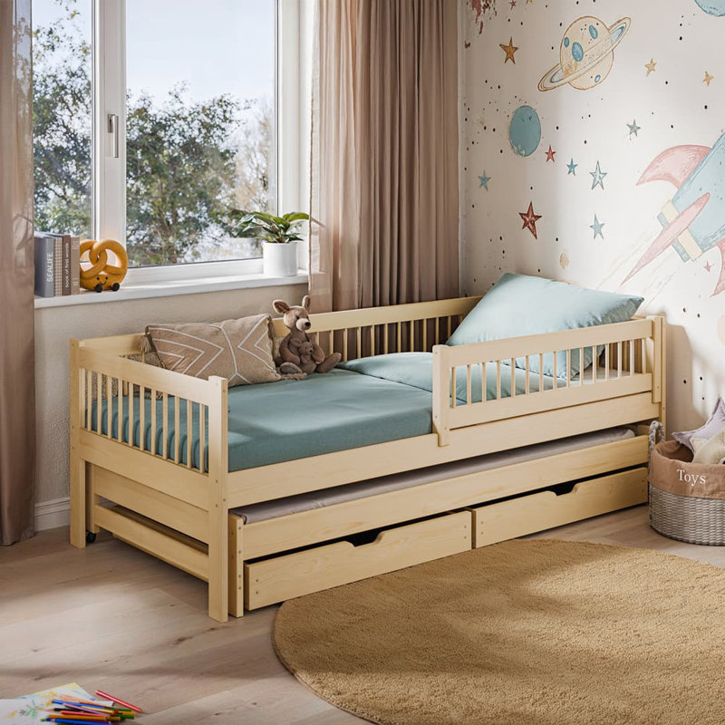 Wooden Bed Softi Graphite W194cm - Solid Pine Frame with Pull-Out Trundle & Dual Storage, Pine