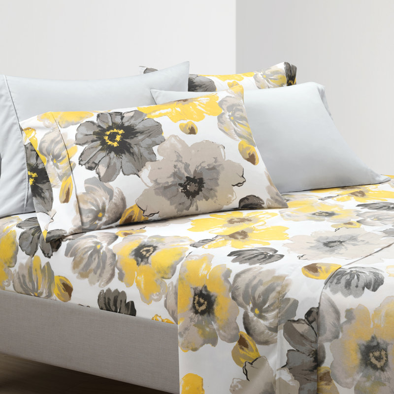 Queen Yellow and Gray Floral Microfiber Sheet Set