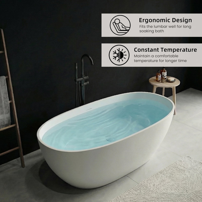 63" Resin Stone Freestanding Bathtub, Elegant Oval Freestanding Bathtub, Solid Surface Bathtub, Matte White, Cupc Certified, Pop-up Drain Pipe, And Minimalist Linear Design Overflow