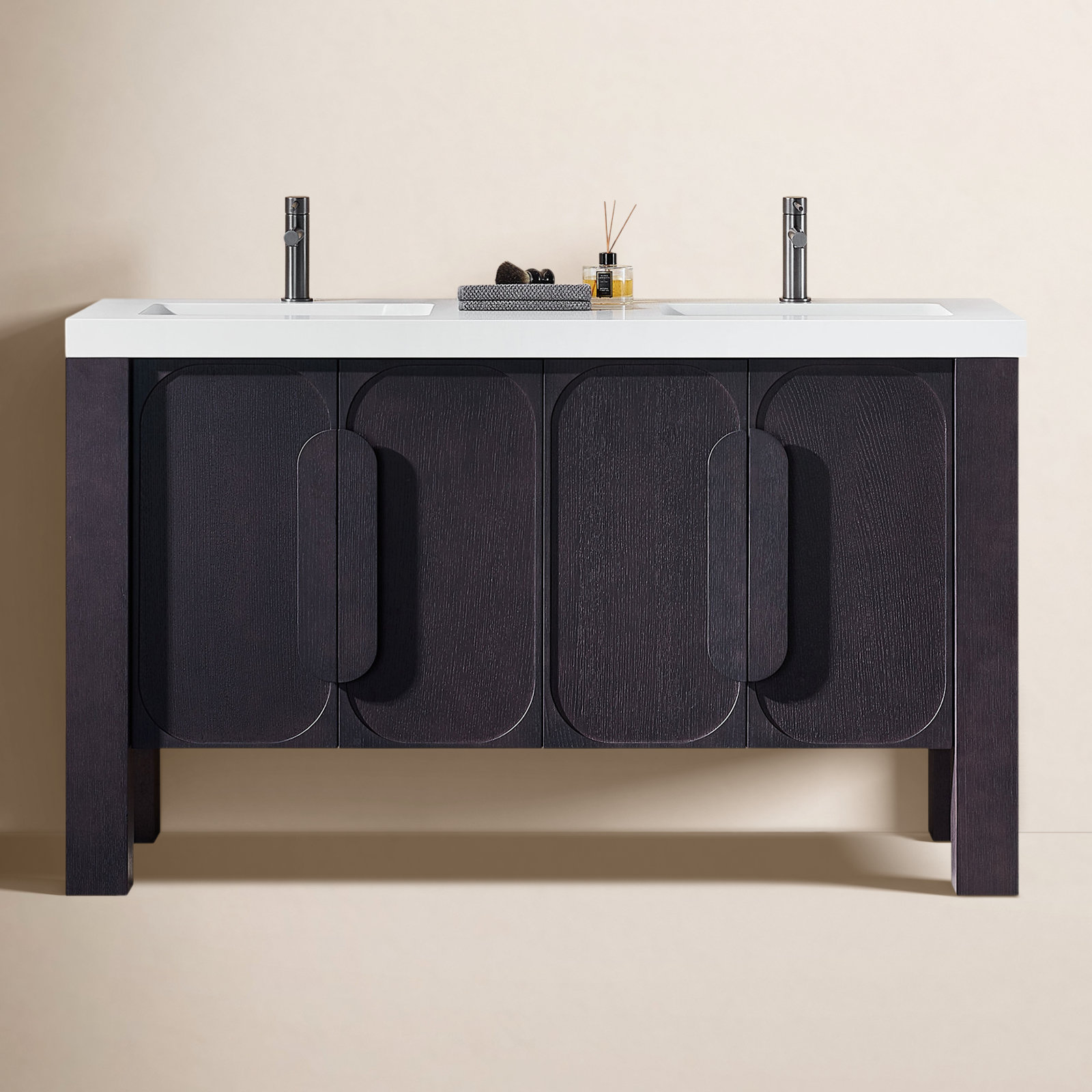 60" Oak Double Bathroom Vanity, White, Espresso Oak