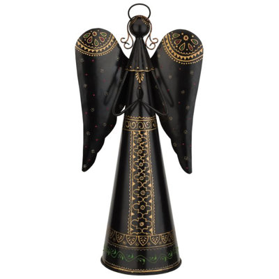Figurine d'ange debout en métal avec une aile complexe et une œuvre d'art peinte à la main détaillée