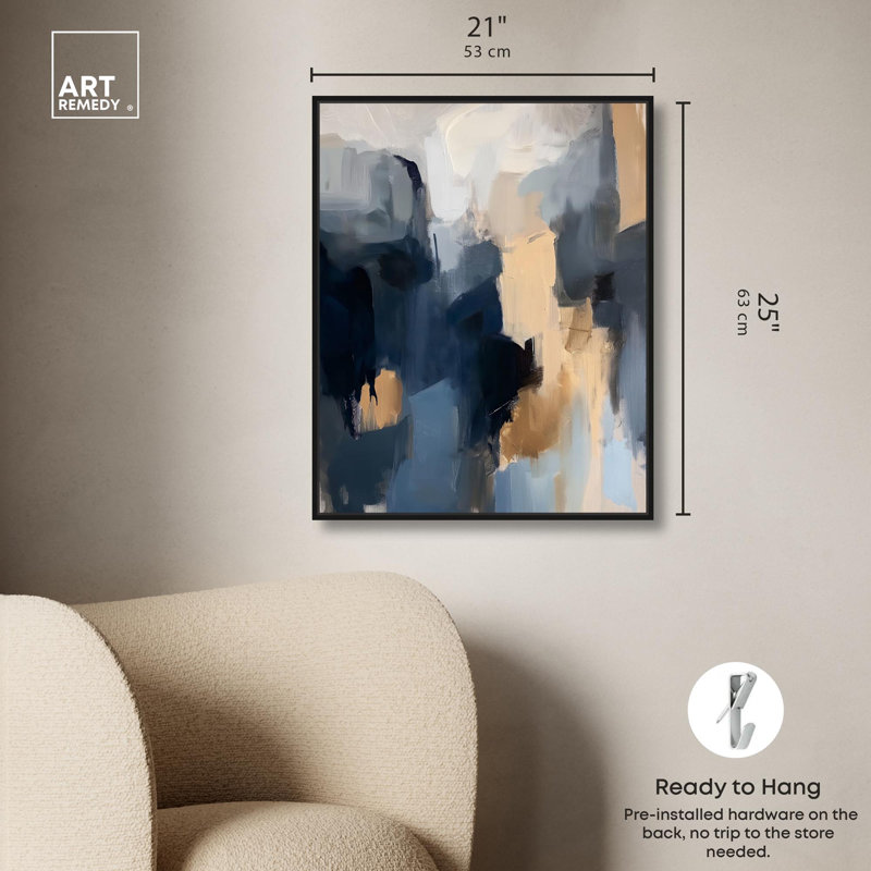 Toile bleu marine beige II par Art Remedy, H 25 po x l 21 po, Cadre flottant noir