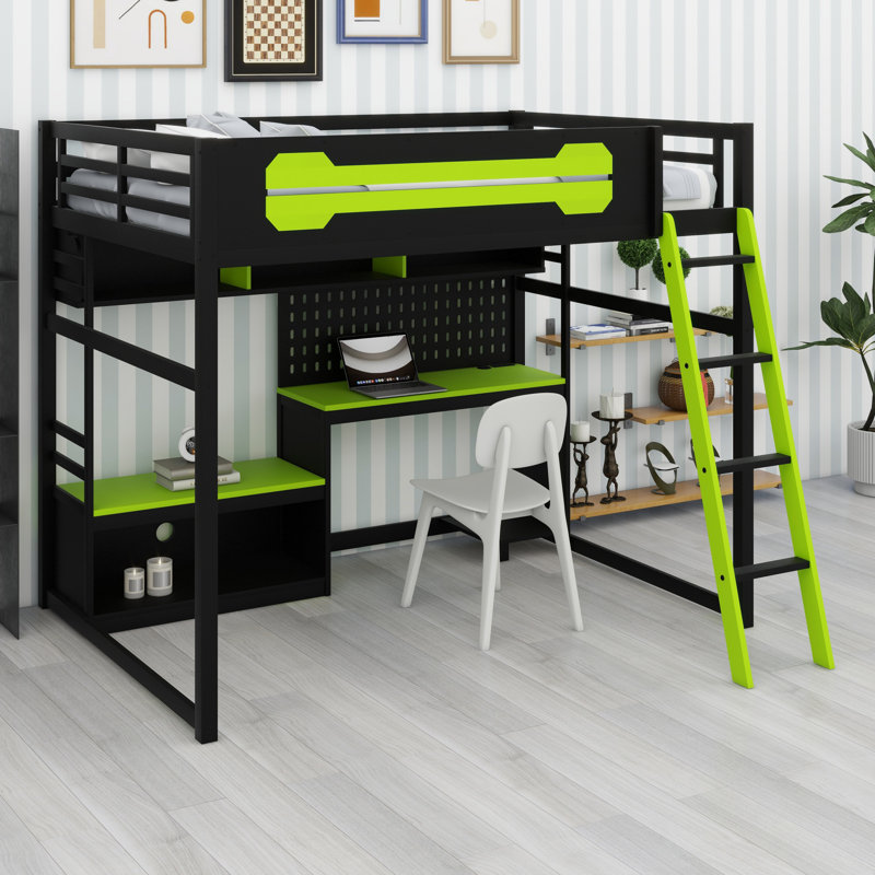 Lit mezzanine en bois avec bureau, tablettes, lumières DEL, ports USB et panneau perforé, Black/Green