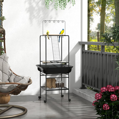Petit support à perroquet sur roulettes, gris foncé - perchoirs pour les loisirs, bols en acier inoxydable, plateau coulissant, support à jeu de suspension d'oiseaux, santé et bonheur