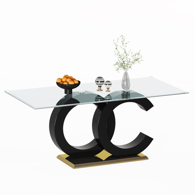 Table de salle à manger en verre trempé avec support central en panneau de fibres à densité moyenne noir et base en acier inoxydable pour un design moderne