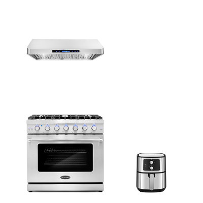 3 Piece Kitchen Appliance Package with 36"" Freestanding Gas Range 36"" Under Cabinet Range Hood & 5.5L Electric Hot Air Fryer -  Cosmo, COS-3PKG-249