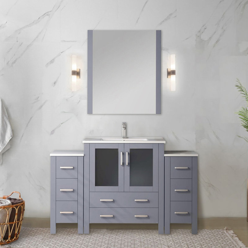 54 po Grand meuble-lavabo simple gris foncé avec armoires latérales, comptoir en céramique blanc pour meuble-lavabo, miroir carré de 28 po, tiroir à fermeture en douceur, structure en bois et plusieurs compartiments de rangement