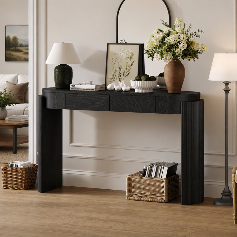 Table d'entrée avec finition grain de bois naturel, console avec design cannelé, plateau ovale et 2 tiroirs pour un décor moderne et classique (noir)