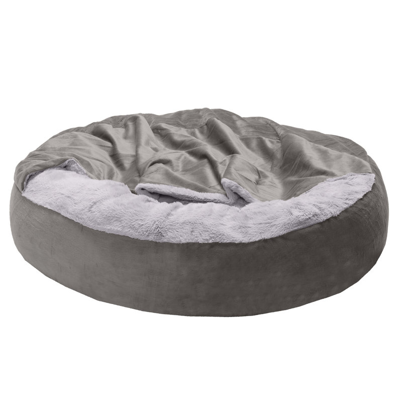 Velvet Wave Fur Hooded Donut Dog Bed, Medium (27" W x 27" D x 8.5" H), Dark Gray