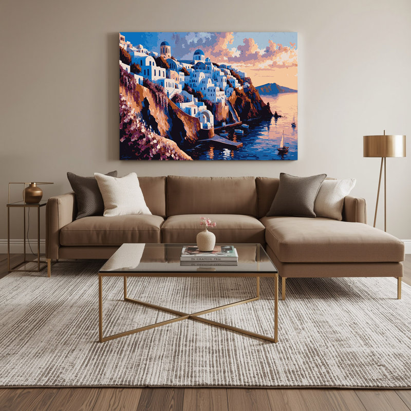 Art mural sur toile grises avec villes, Santorini, Grèce, H 20 po x l 30 po