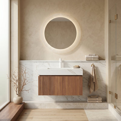 Meuble-lavabo flottant de 30 po avec comptoir en pierre frittée et lavabo en céramique, meuble-lavabo simple en contreplaqué à lattes moderne, entièrement assemblé