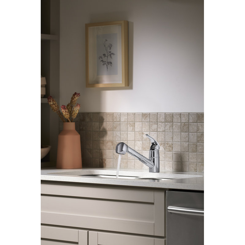 Valton Pull Out Single Handle Kitchen Faucet with MasterClean and Side Spray, Polished Chrome