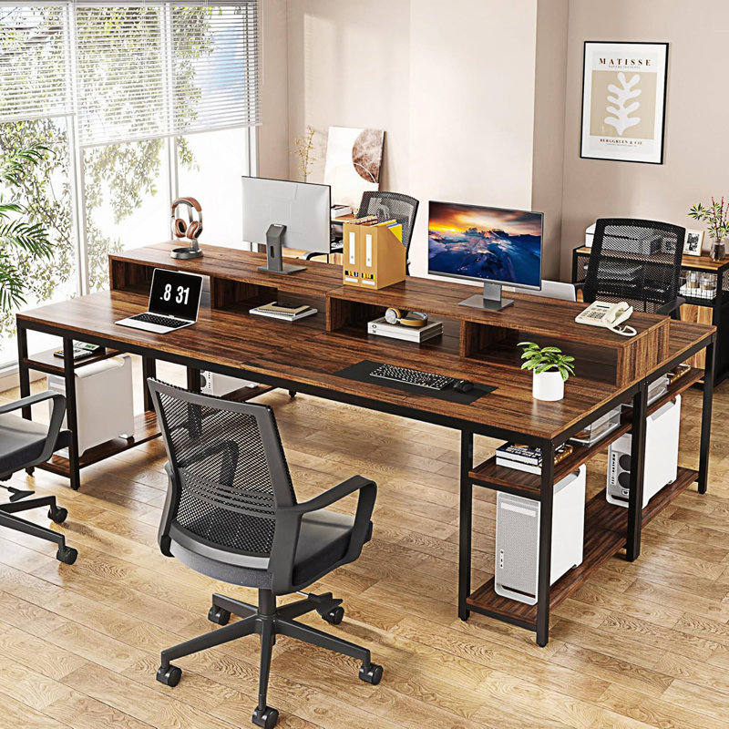 Two-Person Desk, Extra Long Double Computer Office Workstation With Stylish X-Legs, Brown