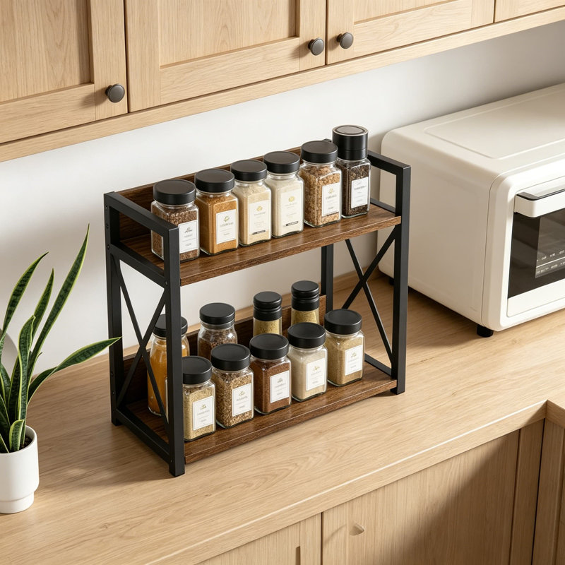 Organisateur de comptoir à 2 niveaux, étagère à épices et accessoires de bar à café, tablette peu encombrante, Brun