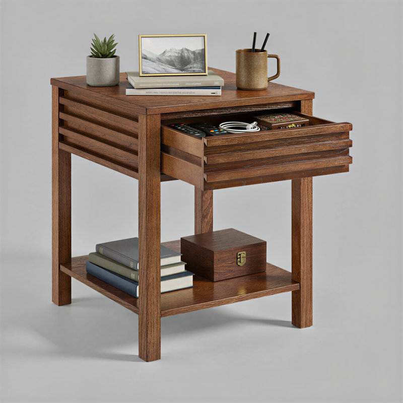 Charnay 20” Square Wood End Table With Drawer And Shelf, Brown Oak