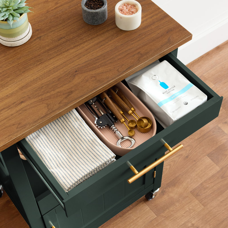Best Choice Products Rolling Kitchen Island Cart, Cabinet W/ Drawer, Sliding Tray, Outlet, Wheels, Hooks - Forest Green