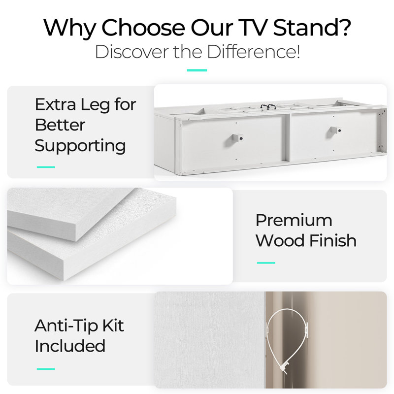 White MDF and Glass TV Stand with Cabinets for 75" TVs