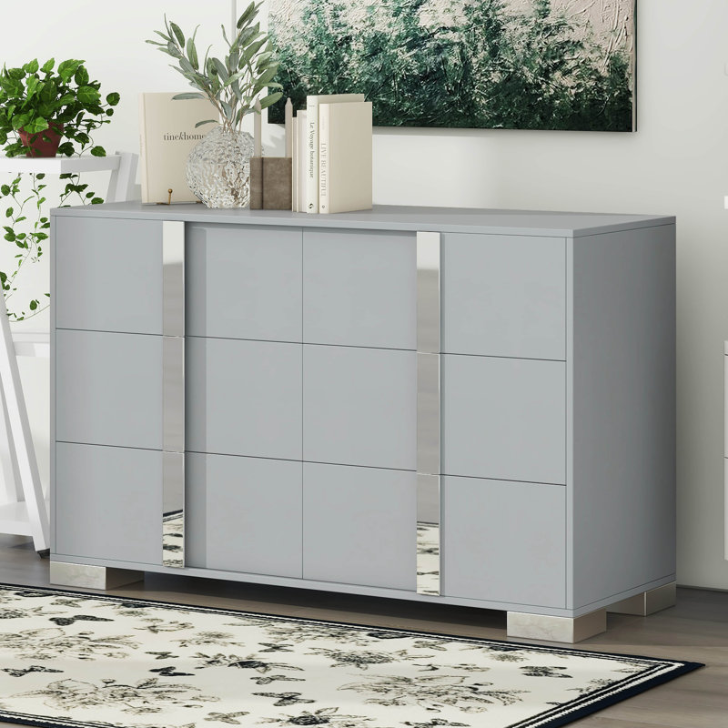 Commode moderne avec poignée en métal, 6 tiroirs, Gris / Gris