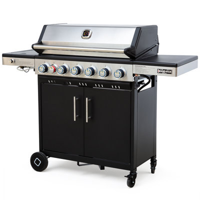 6-Burner Propane Gas Grill with Infrared Side Burner, Dual-Zone Ignition, Enamel Cast Iron Grates & Griddle Combo, Stainless Steel Lid, Cabinet& Side Table for Outdoor BBQ by Brand-Man
