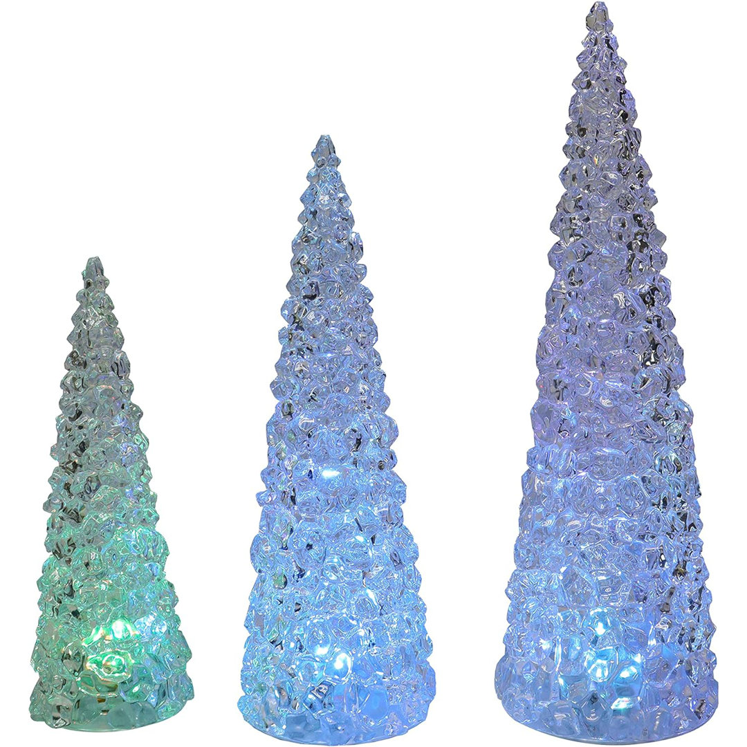 3 pc Acrylic Cone Trees (21.6"H / 17.7"H / 14"H) - LED Color Changing Lights, Timer, Battery Moments in Time