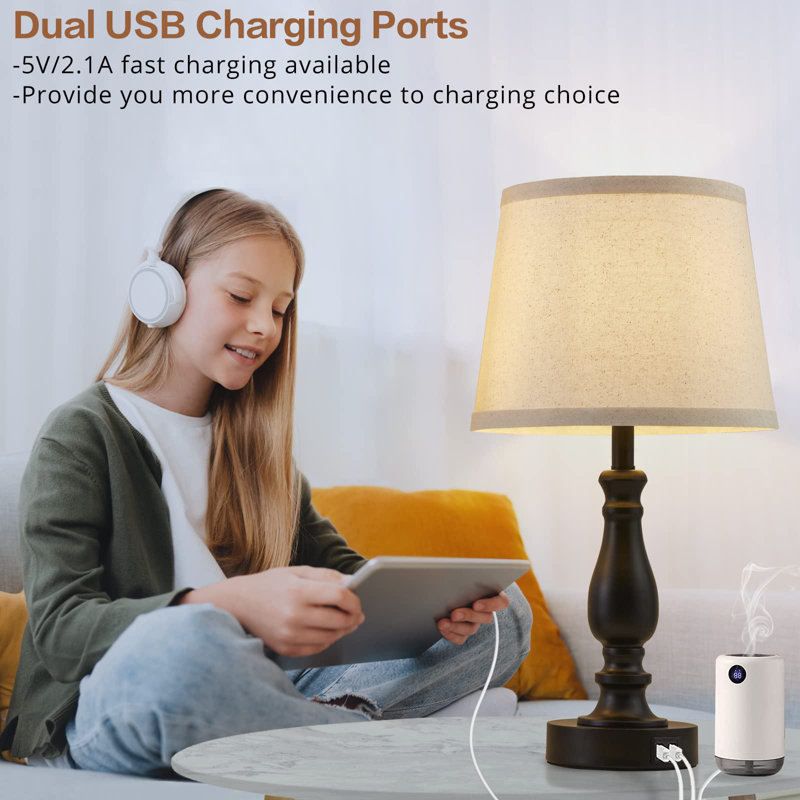 Lampe de table USB en métal Jerryn, Noir mat, Blanc