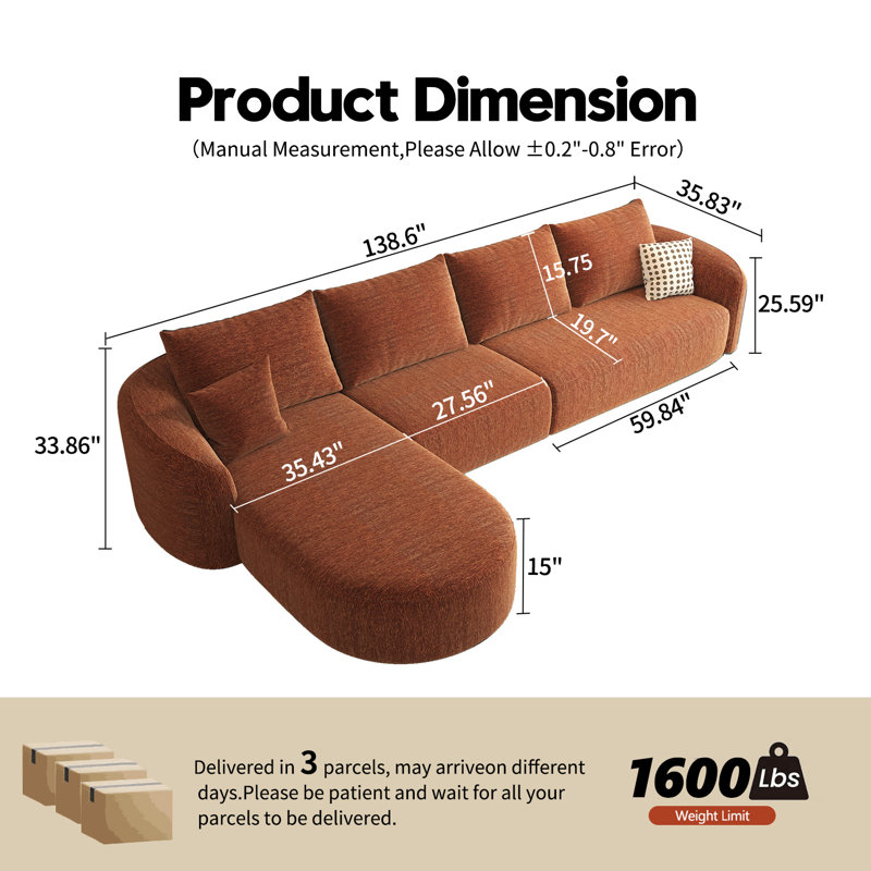 Canapé modulaire incurvé modulaire Boneless, H 33,86 po x l 138,6 po x P 72 po, Orienté à gauche (vu de face), Orange
