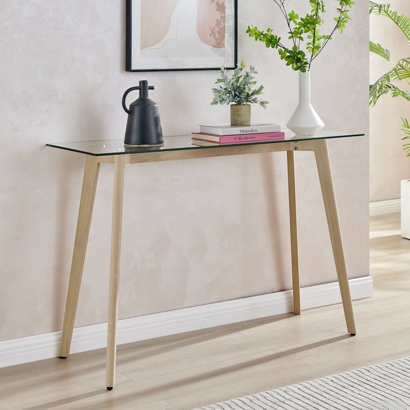 Sala Scandinavian Style Glass and Wood Narrow Hallway Console Table, Light Brown