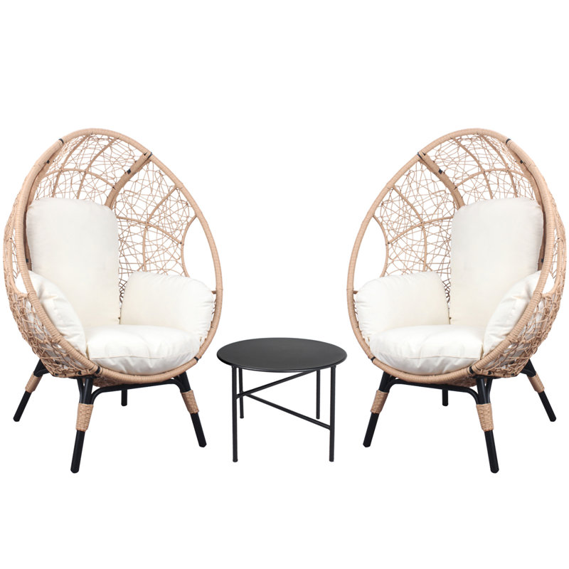 Ensemble de 3 chaises de patio avec table d'appoint, Naturel / Blanc
