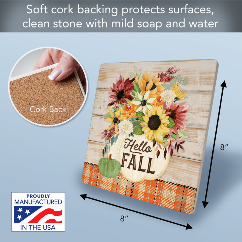 August Grove® Hello Fall Decorative Cork Backed Stone Trivet 8" Square