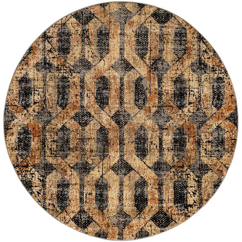 Tapis contemporain de couleur noire-grise, Rond 7 pi