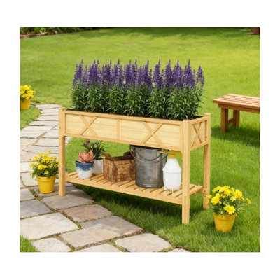 Boîte à fleurs surélevée à deux niveaux en bois naturel avec tablette de rangement pour jardin et patio