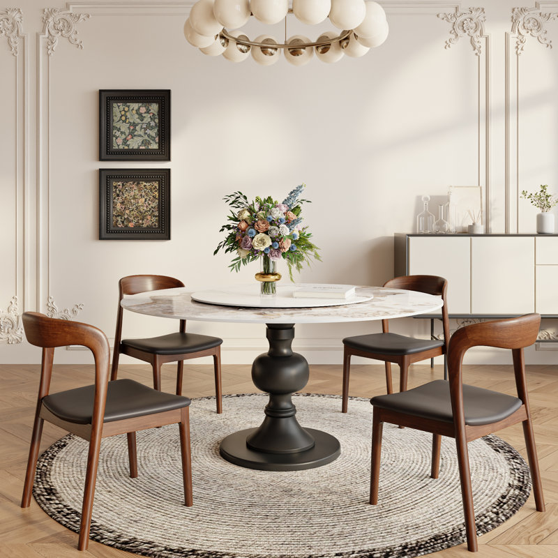 5PCS Round Dining Table Set For 4/6/8, Modern Kitchen Table With Lazy Susan And Solid Wood Base, 29.52"H x 59.05"L x 59.05"W