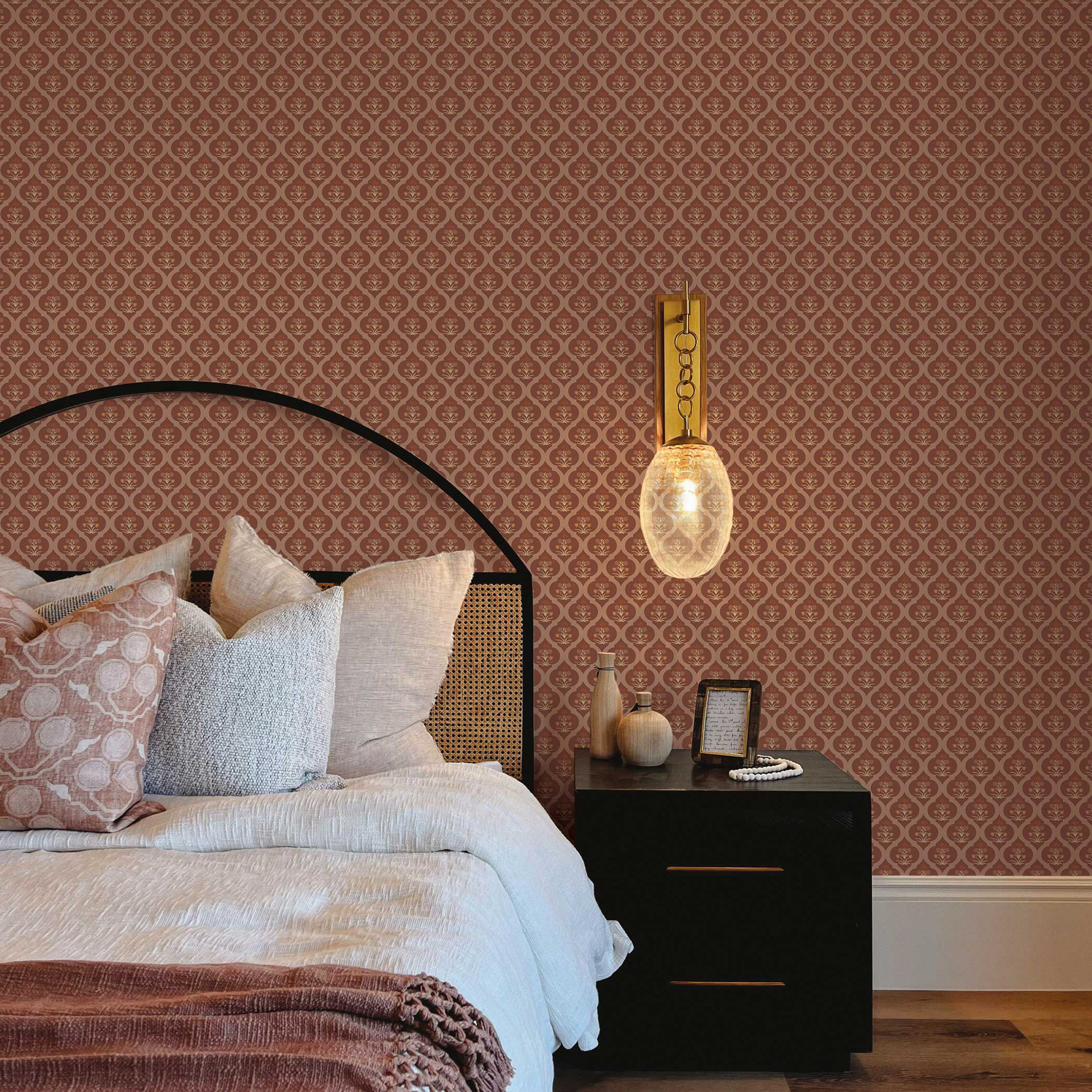 Ogee Garden Printed Authentic Grasscloth Wallpaper, Brown
