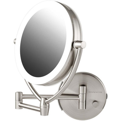 Miroir de maquillage mural lumineux 7,5 po Ovente, loupe 1X et 10X, DEL ronde double face avec gradateur, bras extensible, rétractable et pliant, nickel brossé alimenté par pile USB MLW75BR1X10X