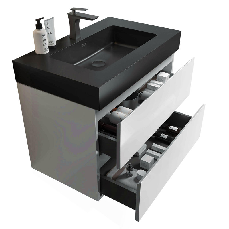 Meuble-lavabo Alice de 30 po avec lavabo, grand meuble-lavabo mural suspendu pour salle de bain moderne, lavabo noir monobloc sans bonde ni robinet, préassemblé