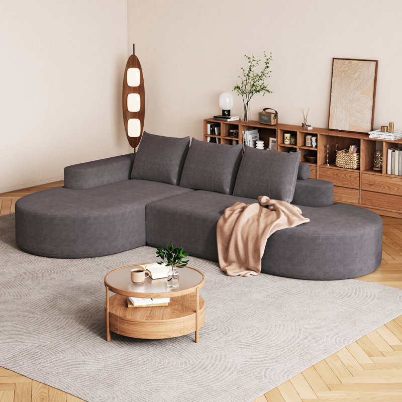 Canapé en chenille moderne en L 108,5 po avec 3 coussins pour la chambre à coucher, gris, sièges, lignes arrondies, haute résilience, confortable et respirant, sans assemblage, combinaison, coussins décoratifs