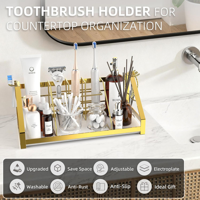 Porte-brosses à dents organisateur de comptoir de salle de bain et rangement avec support de tête de brosse à dents électrique amovible et diviseur, organisateur de salle de bain avec tapis de pierre à sécher la diatite pour meuble-lavabo, cuisine, commode