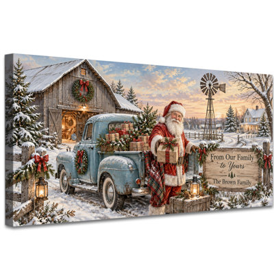 Vintage Christmas Truck Canvas Wall Art, Blue Pickup with Santa, a Gift and a Farmhouse Windmill for Living Room or Entryway, Rustic Holiday Decor, Ready to Hang, 16 x 32 Inch