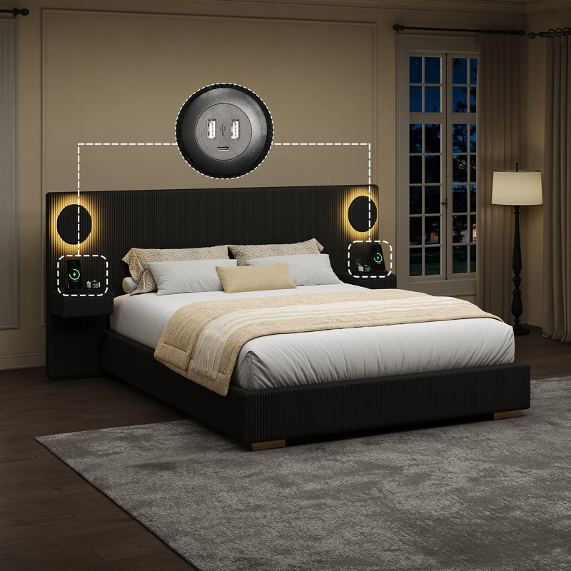 Grand lit plateforme tapissier grand avec lumières DEL circulaires, ports de chargement USB et tiroirs de rangement, noir