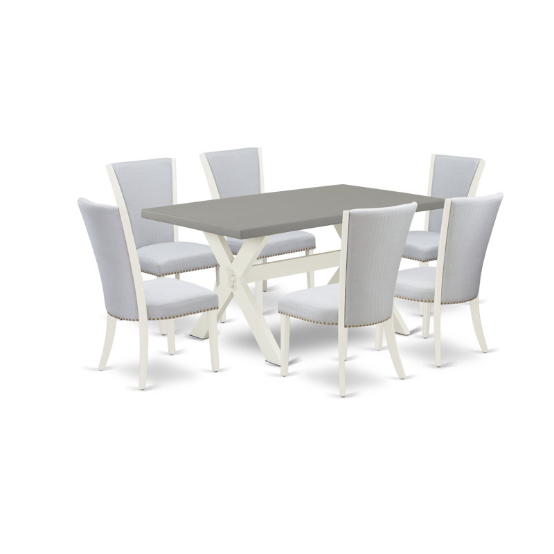Ensemble de table et chaises de cuisine 7 pièces comprenant une table de salle à manger rectangulaire avec pieds en X et 6 chaises rembourrées en tissu de lin gris, lin brossé blanc