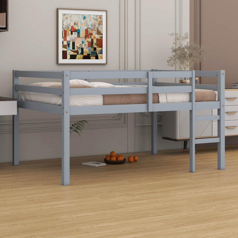 Lit mezzanine double en bois d'hévéa avec échelle, Gris