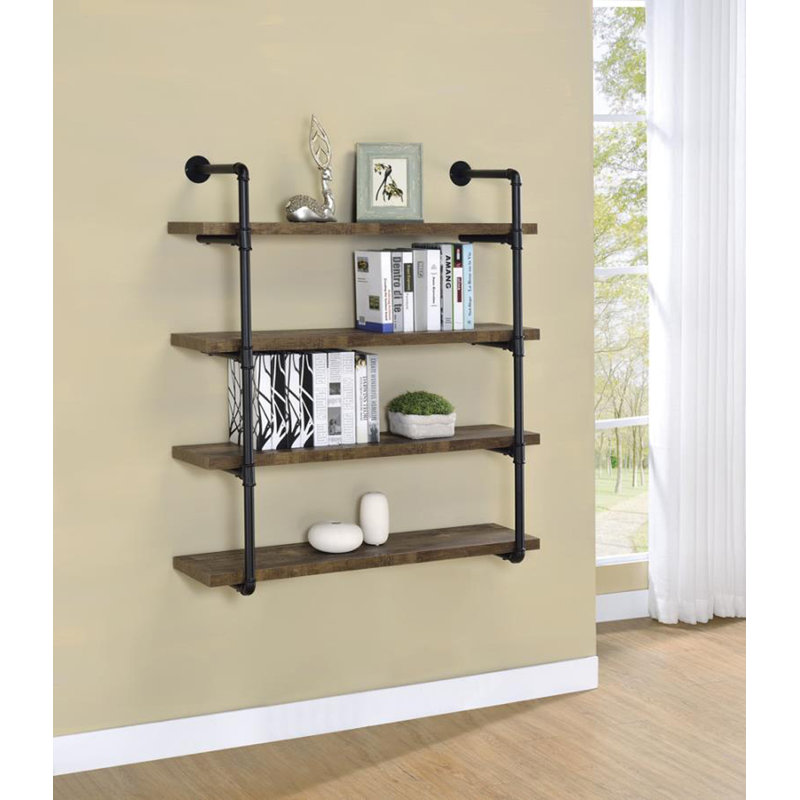 Olivia 4-Shelve Industrial Pipe Wall Shelf, Oak, 44" H x 23.5" W x 11.5" D