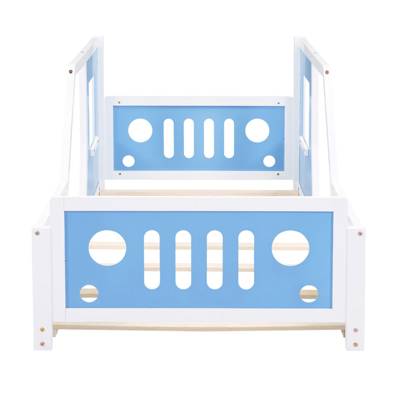 Lit simple en forme de voiture avec roues, bois de pin bleu et pour une chambre à coucher confortable, Bleu, Lit simple