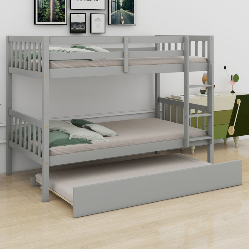 Detachable Wood Bunk Bed With Trundle, Converts To Two Beds, Space-Saving Design, Gray