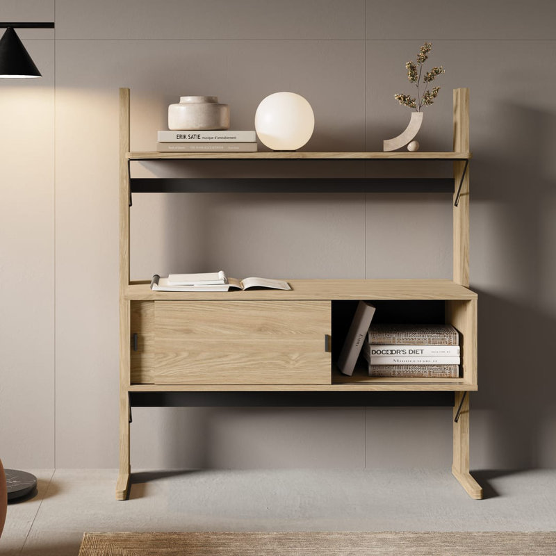 Besnike 3 Low Bookcase in Oiled Oak - Stylish Storage with Sliding Doors